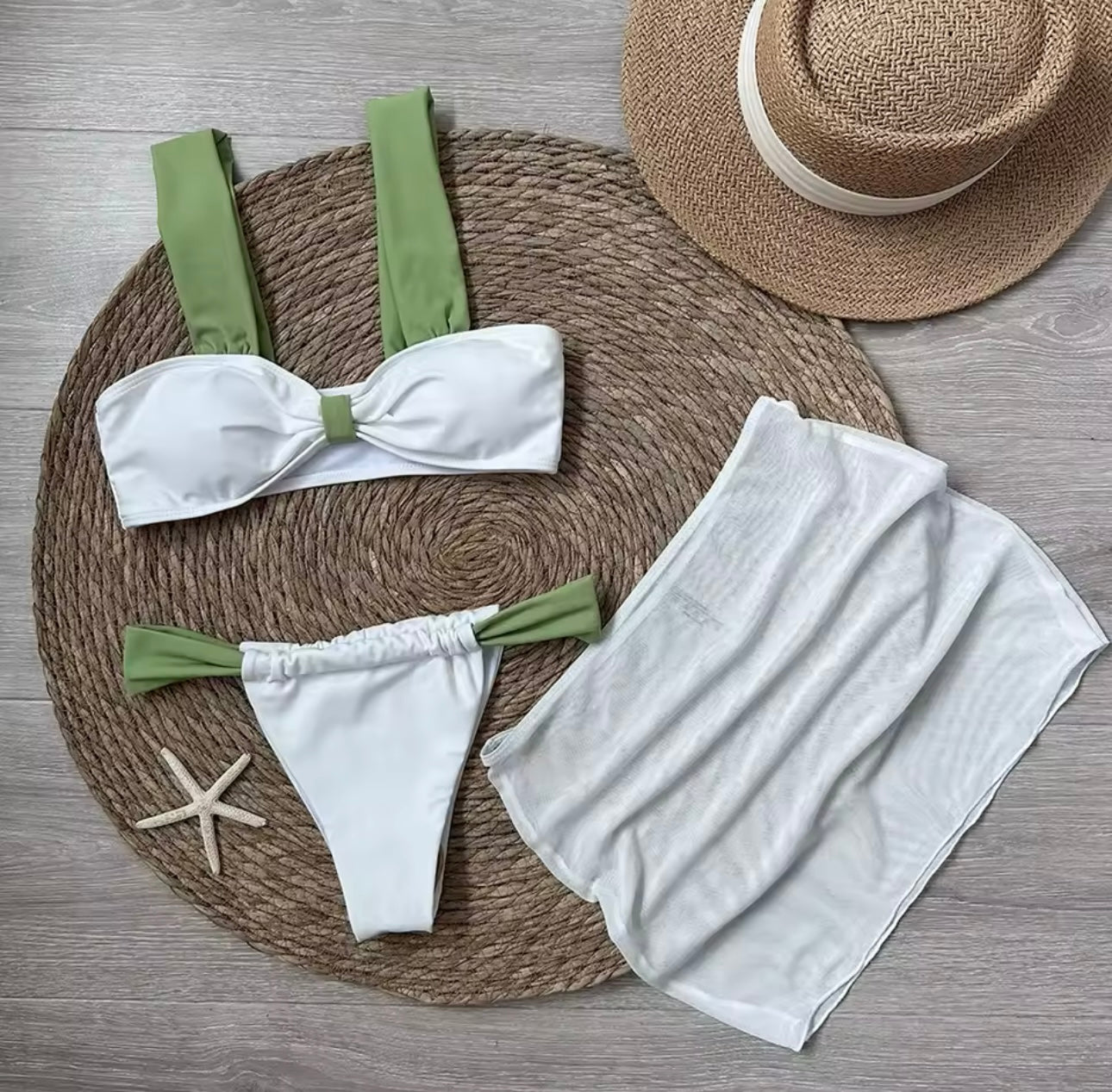 White & Sage Green 3 Piece Bikini