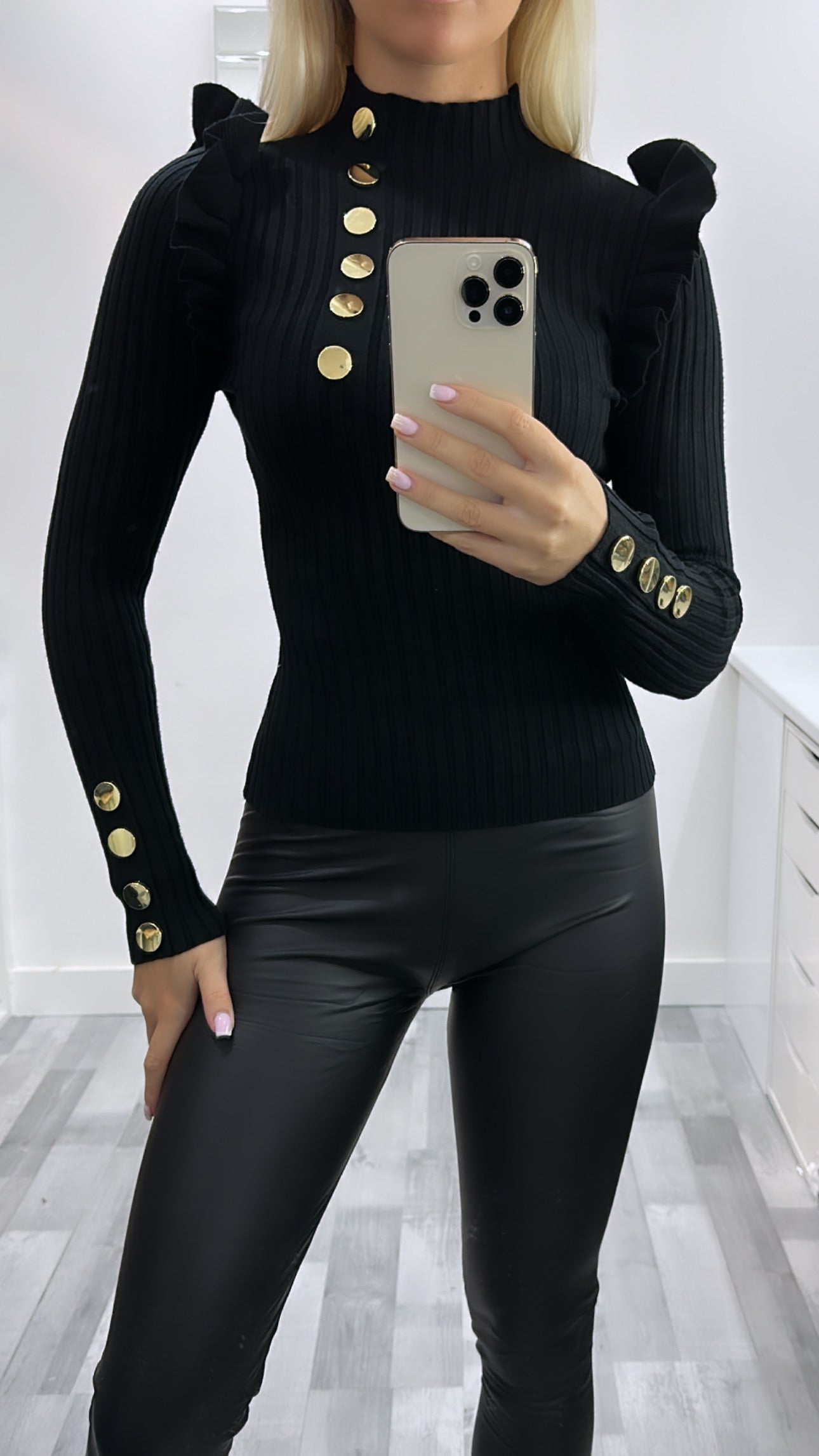 Gold Button Ribbed Leggings