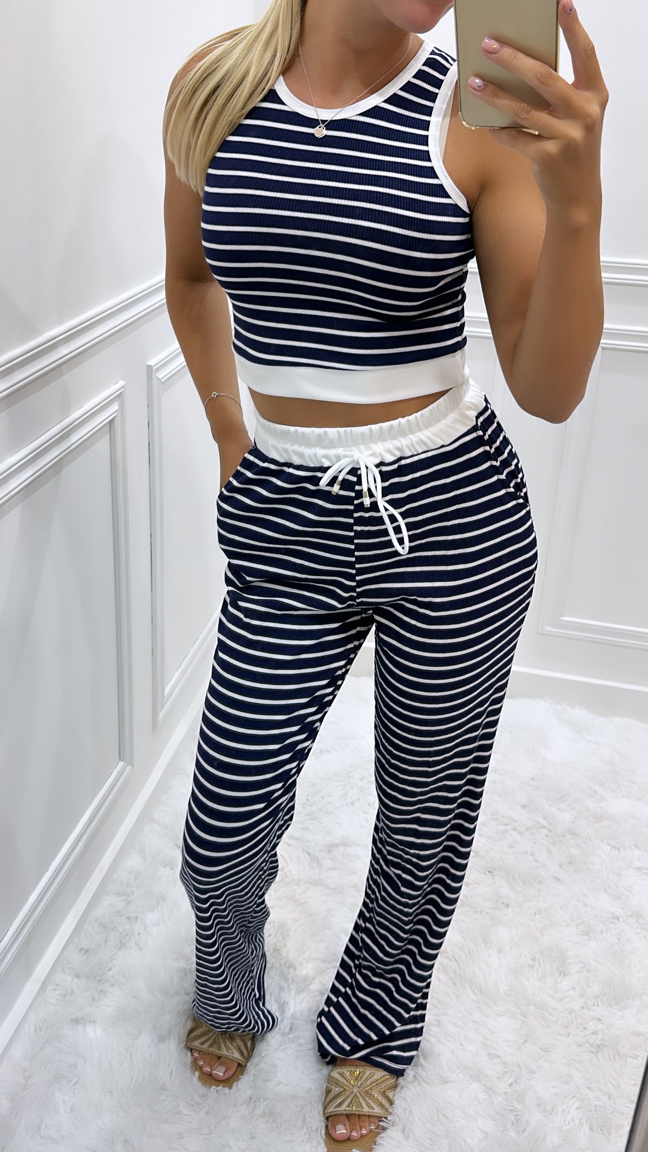 Navy Striped Trouser Lounge Set