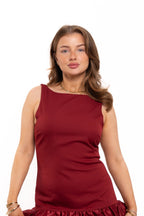 Backless Puff Hem Dress Burgundy
