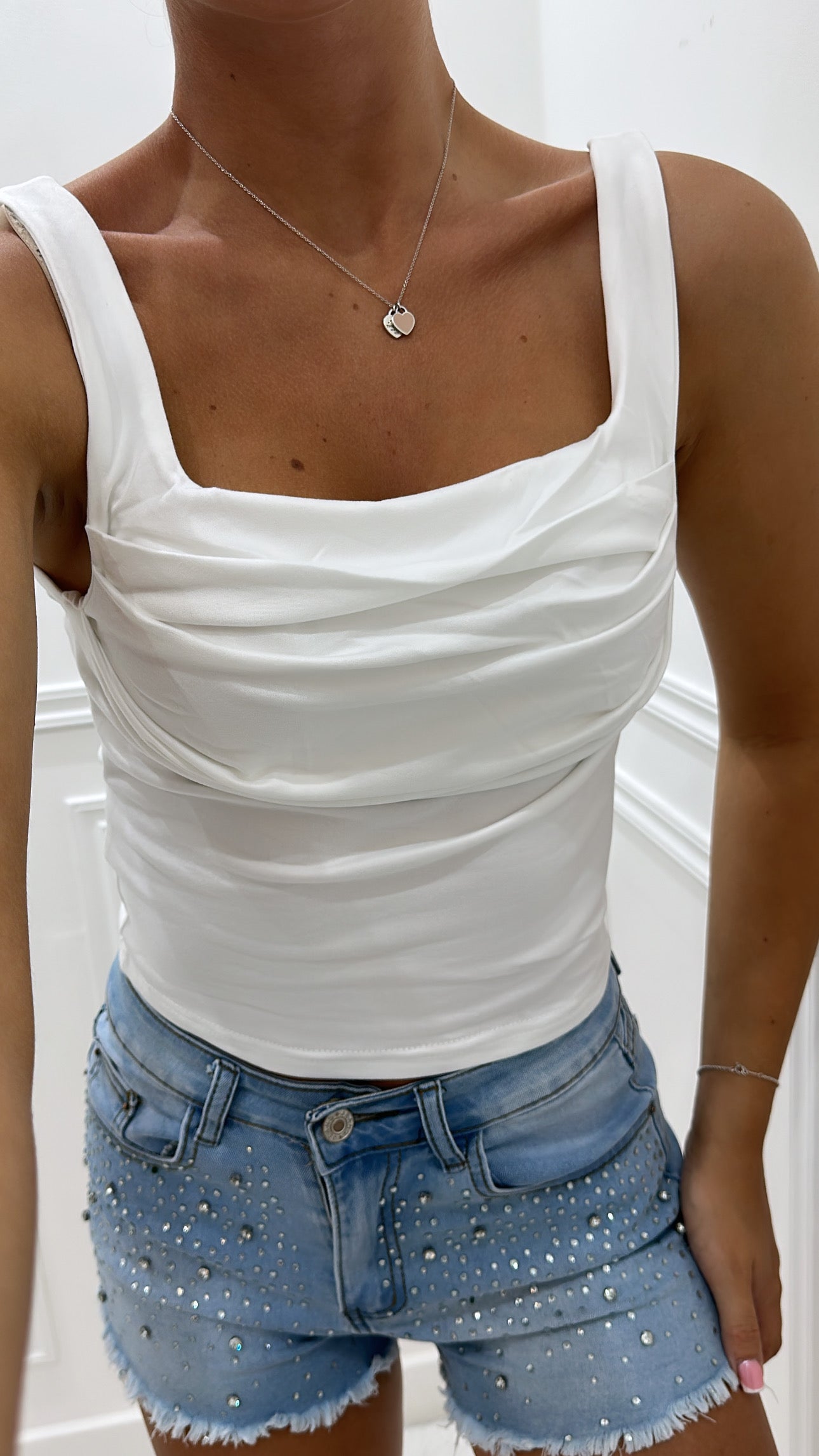 White Ruched Square Neck Top