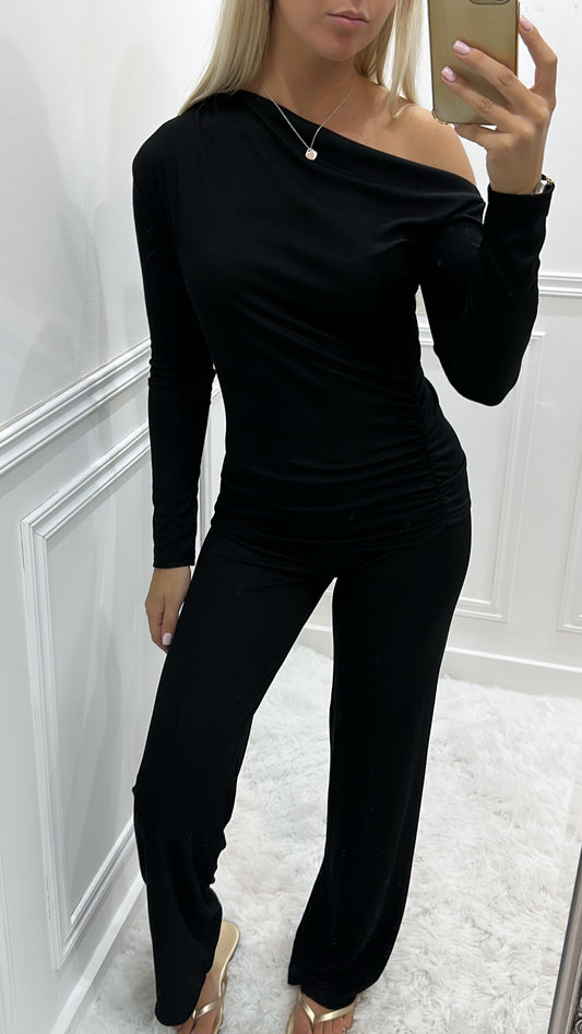 Black Ribbed Off The Shoulder Co Ord