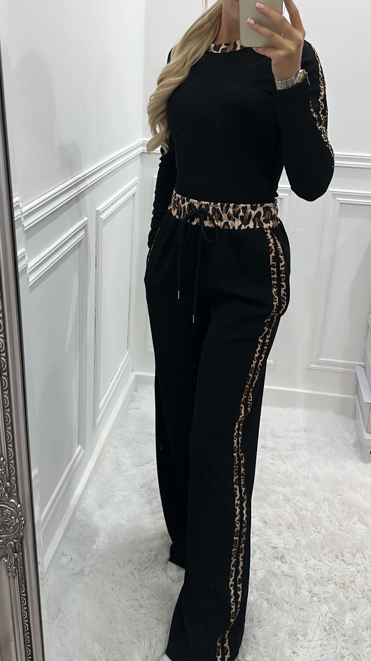 Black & Leopard Contrast Trouser Co Ord