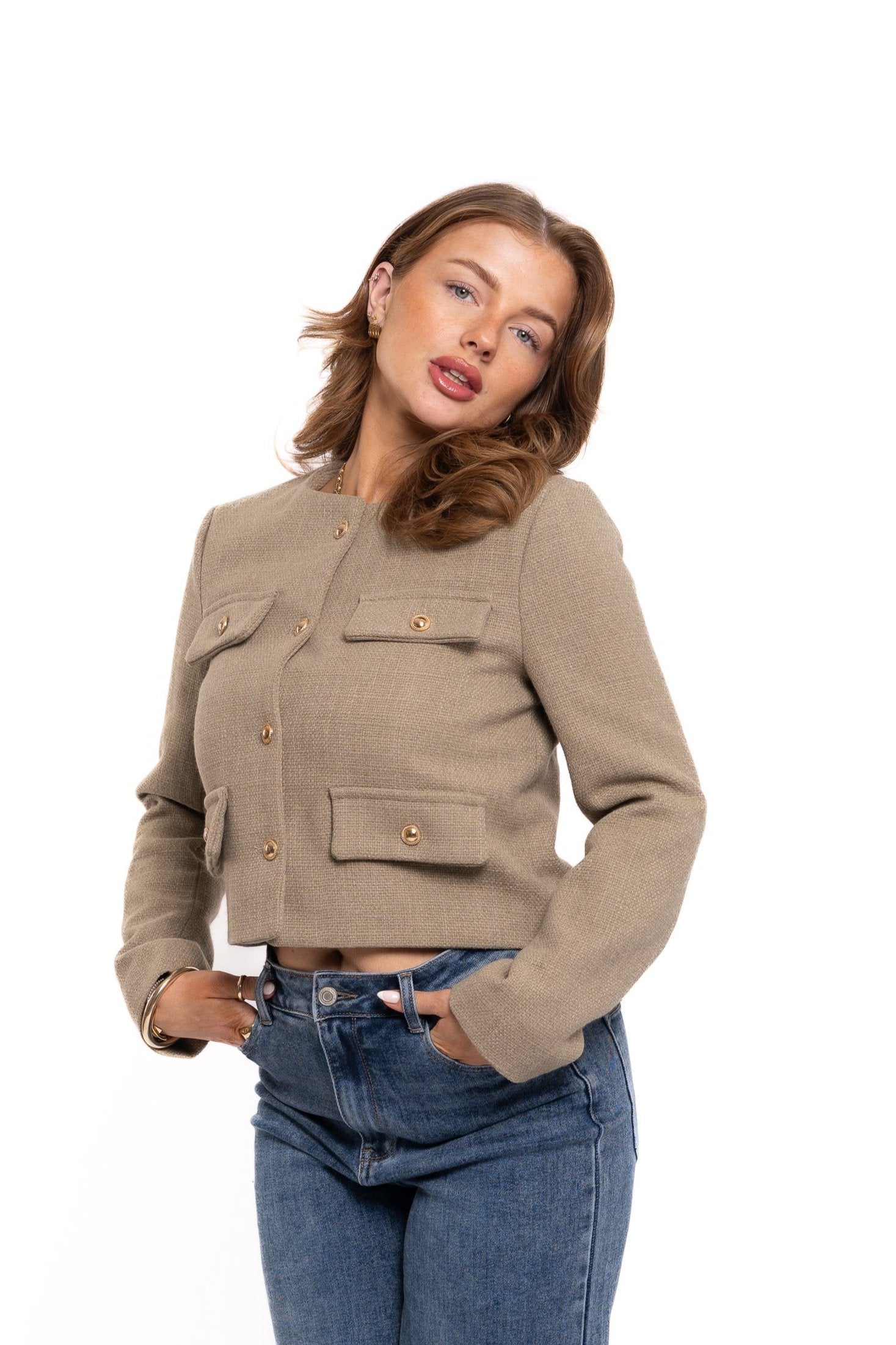 Premium Gold Button Blazer Olive