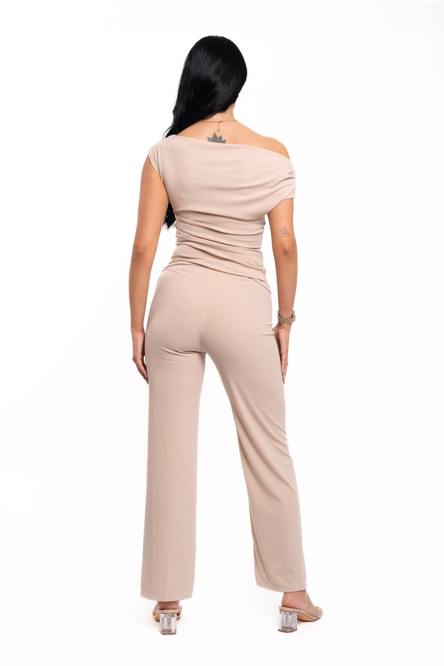 Beige Ribbed Asymmetric Lounge Set