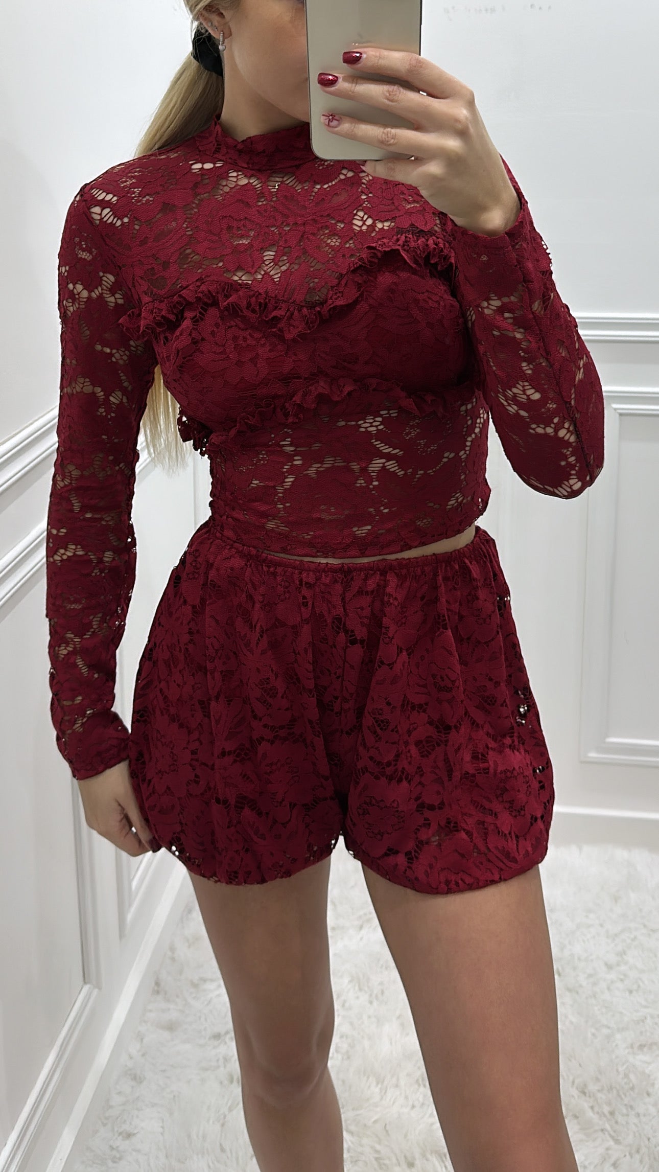 Burgundy Lace Shorts Co Ord