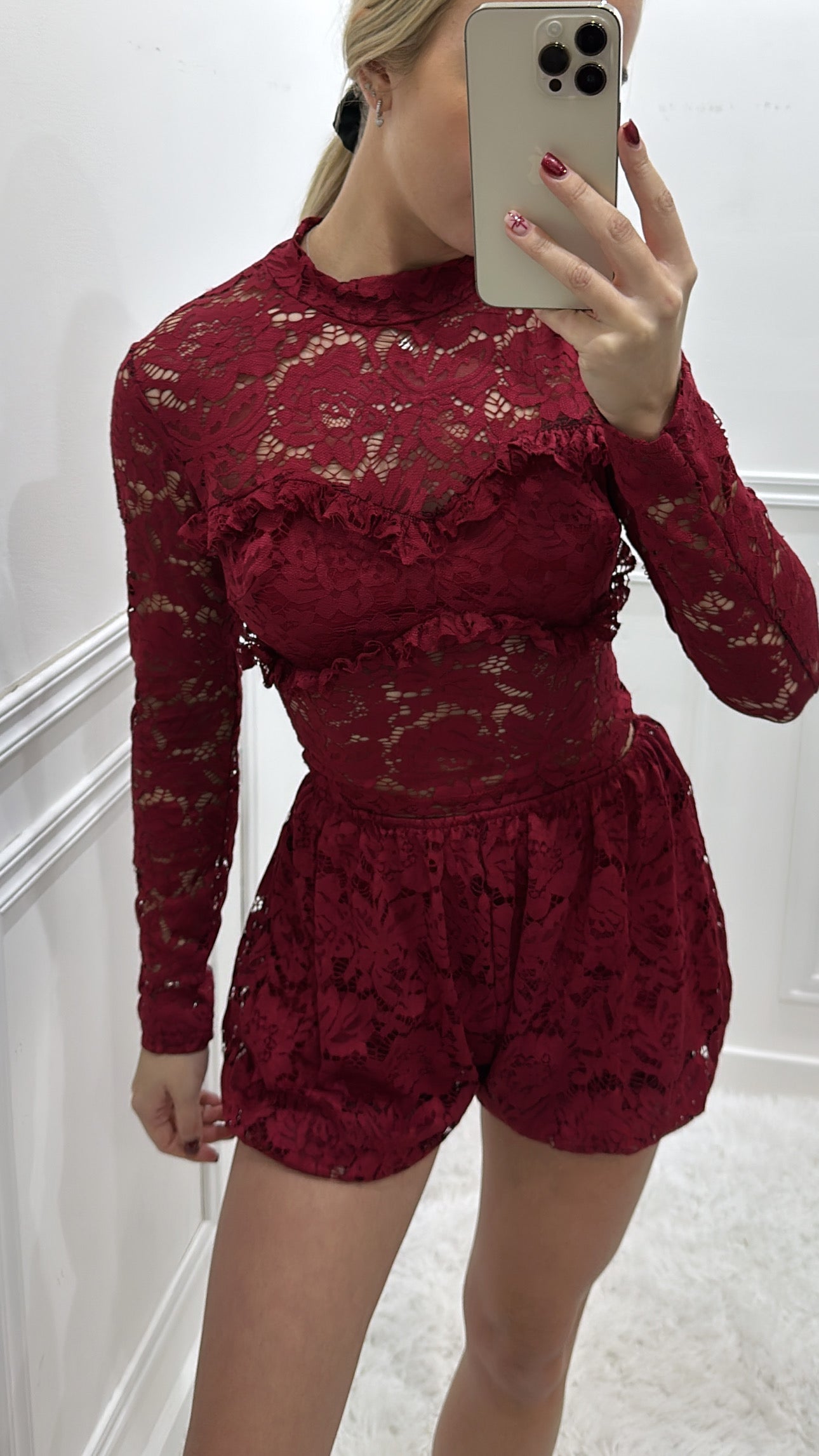 Burgundy Lace Shorts Co Ord