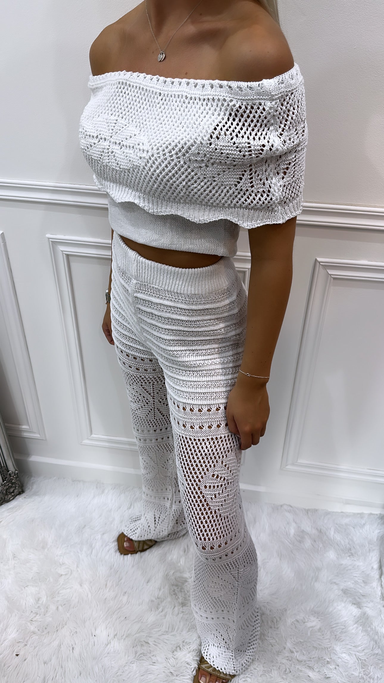 White Crochet Trouser Set