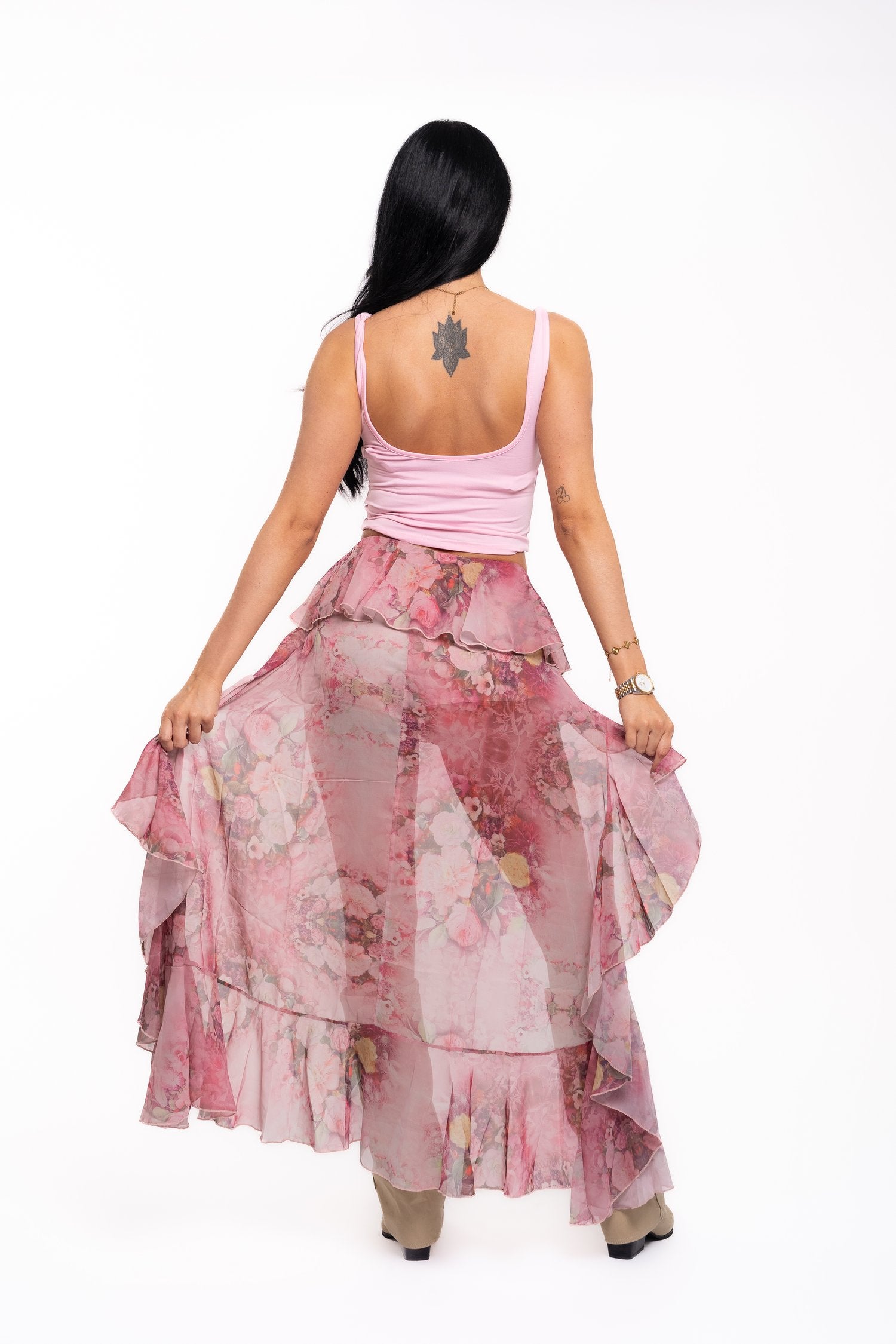 Pink Floral Ruffle Maxi Skirt
