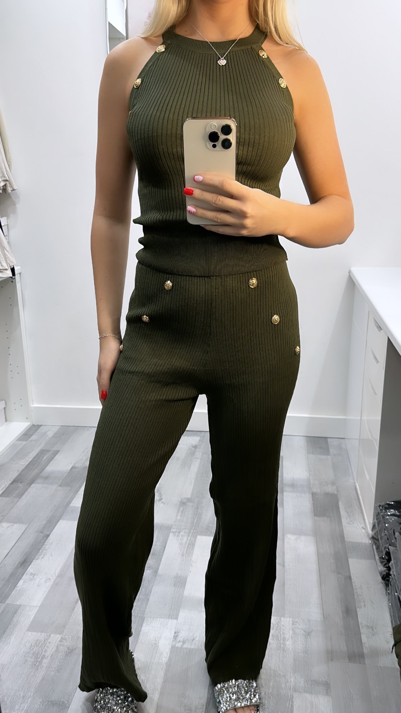 Khaki Gold Button Trouser Co Ord