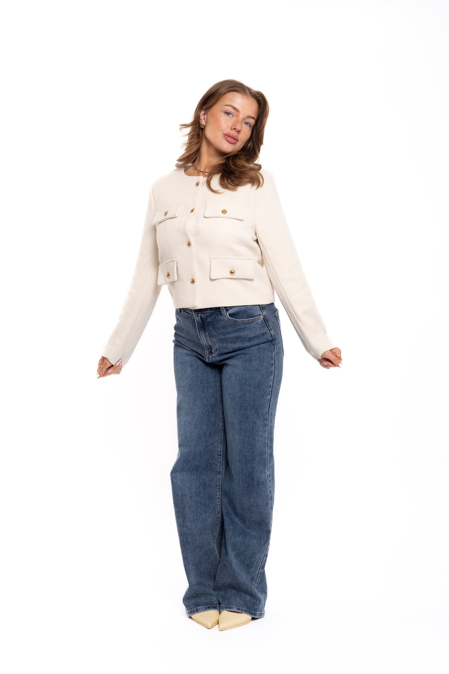 Premium Gold Button Blazer Cream
