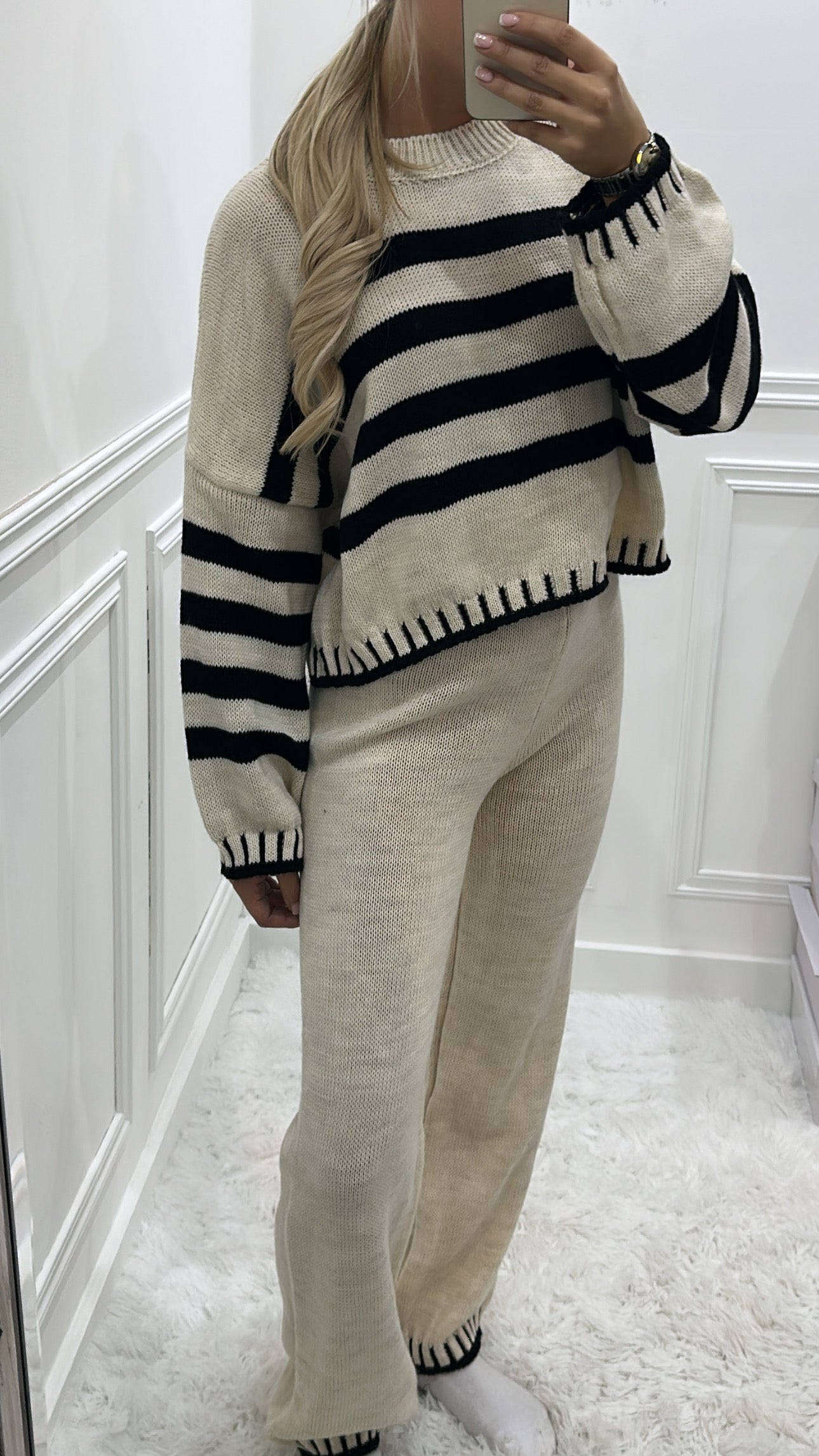 Cream & Black & Knit Trouser Set