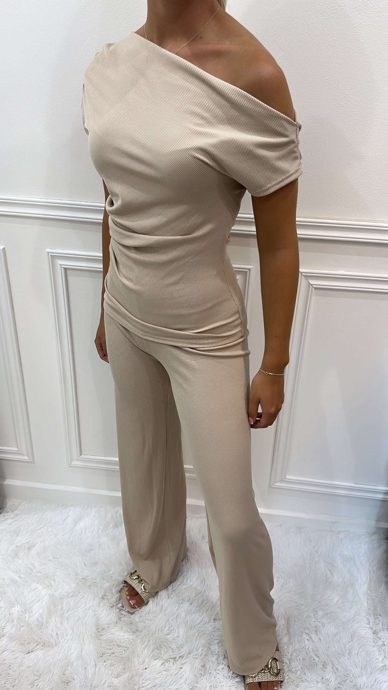 Beige Ribbed Asymmetric Lounge Set