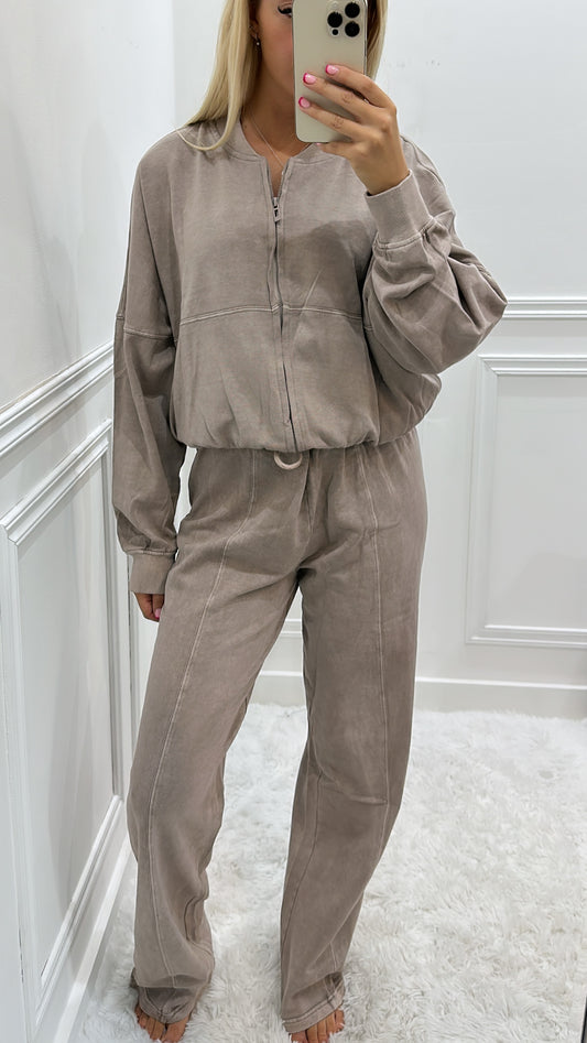 Dove Grey Acid Wash Bomber Tracksuit