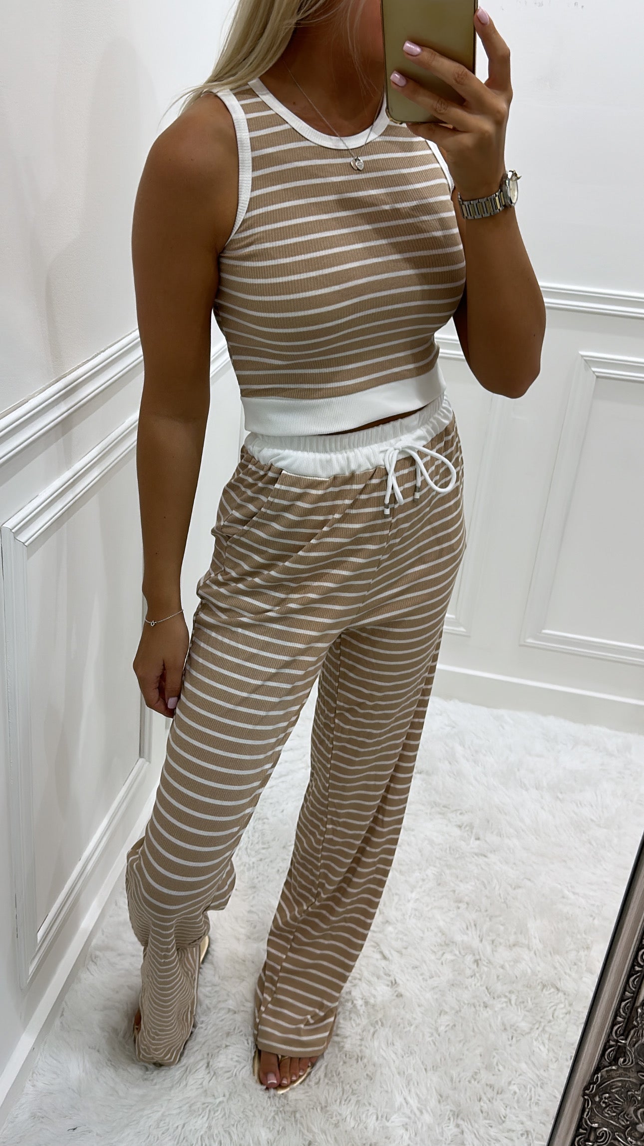 Beige Striped Trouser Lounge Set