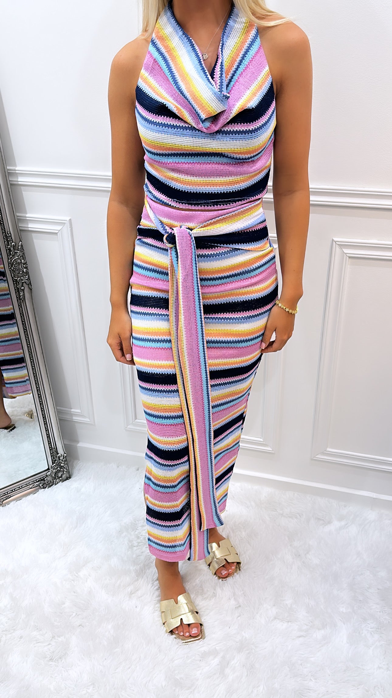 Pink Stripe Cowl Neck Top & Maxi Skirt Set