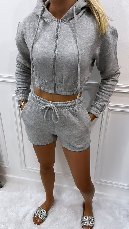 Grey Cropped Zip Hoodie & Shorts Co Ord