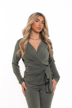 Khaki Silky Tie Up Co Ord
