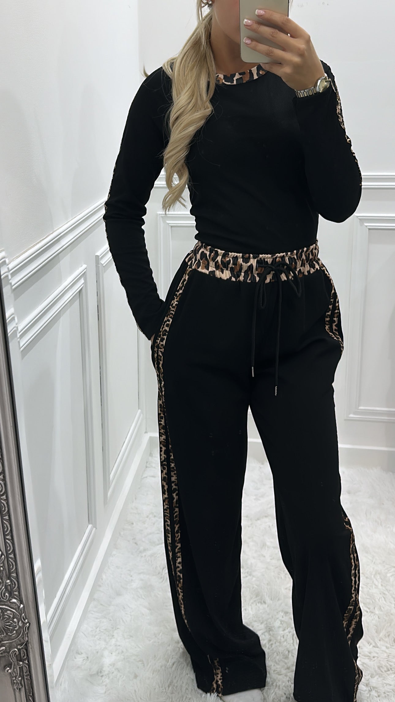 Black & Leopard Contrast Trouser Co Ord