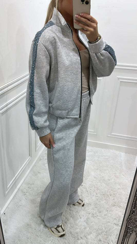 Grey & Denim Sequin Bomber Tracksuit