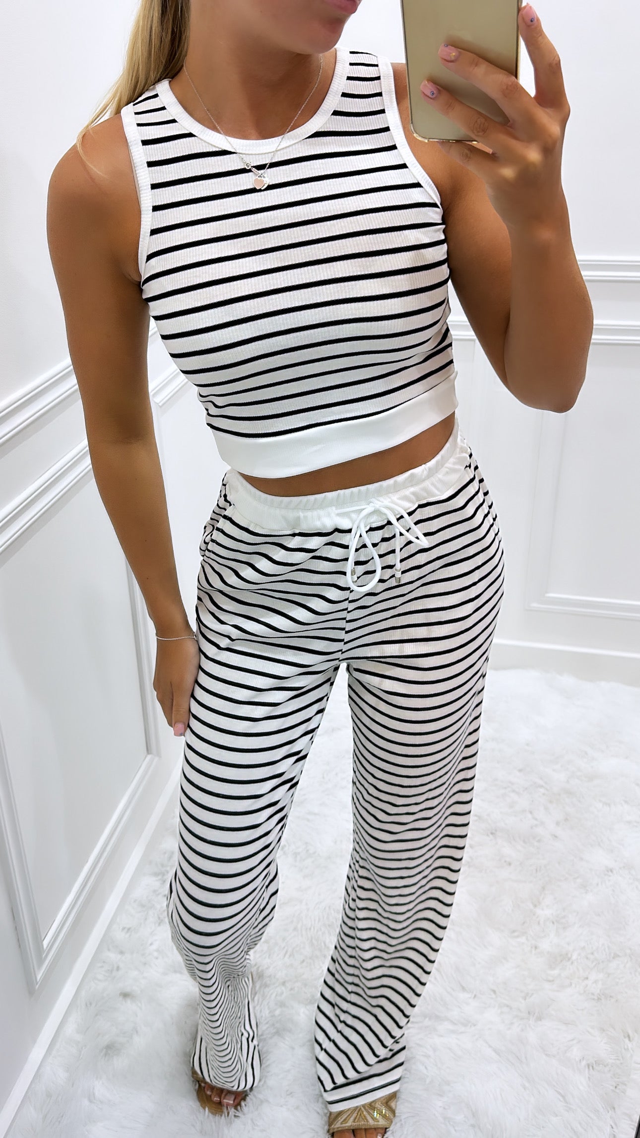 White Striped Trouser Lounge Set