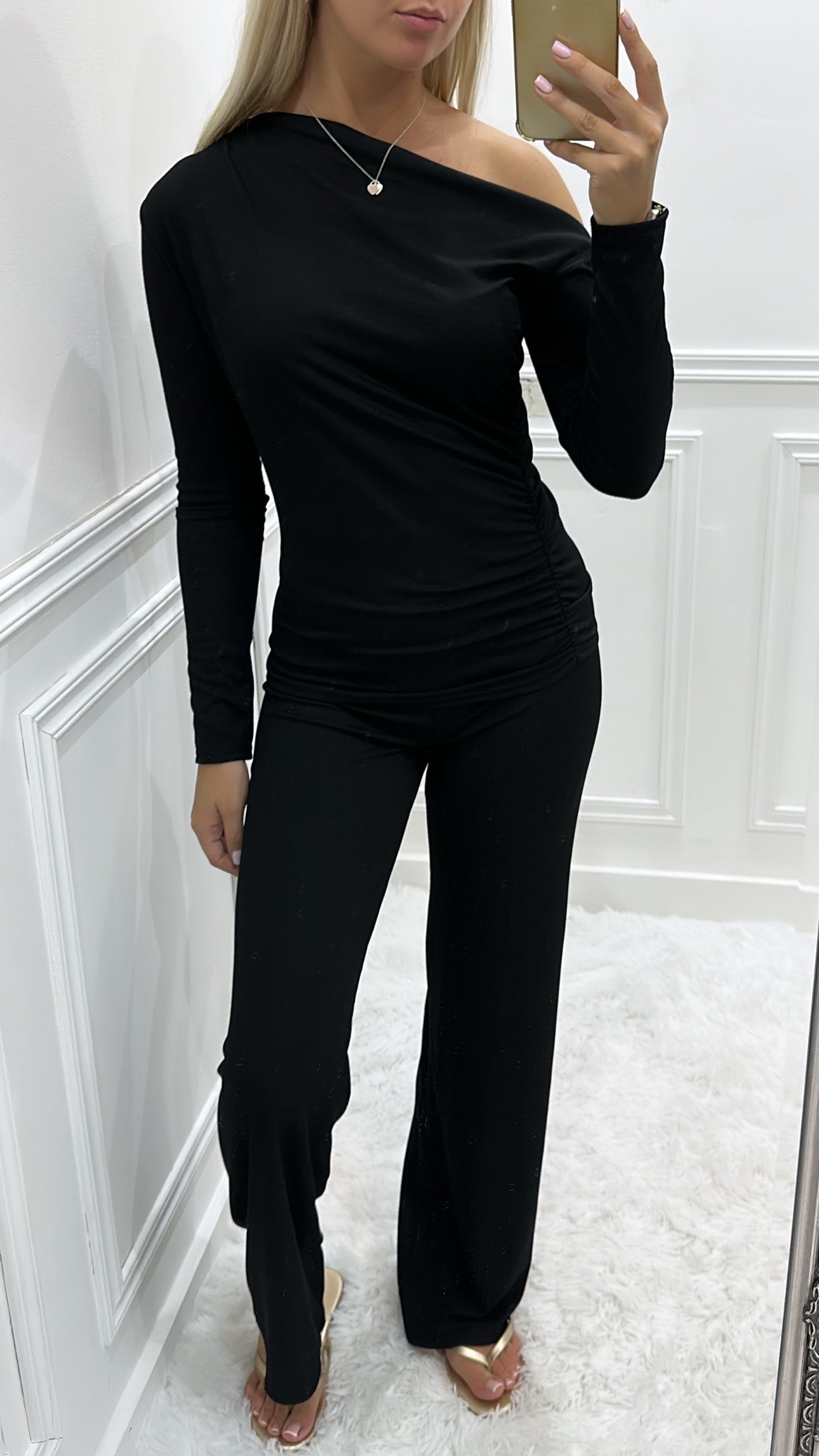 Black Ribbed Off The Shoulder Co Ord