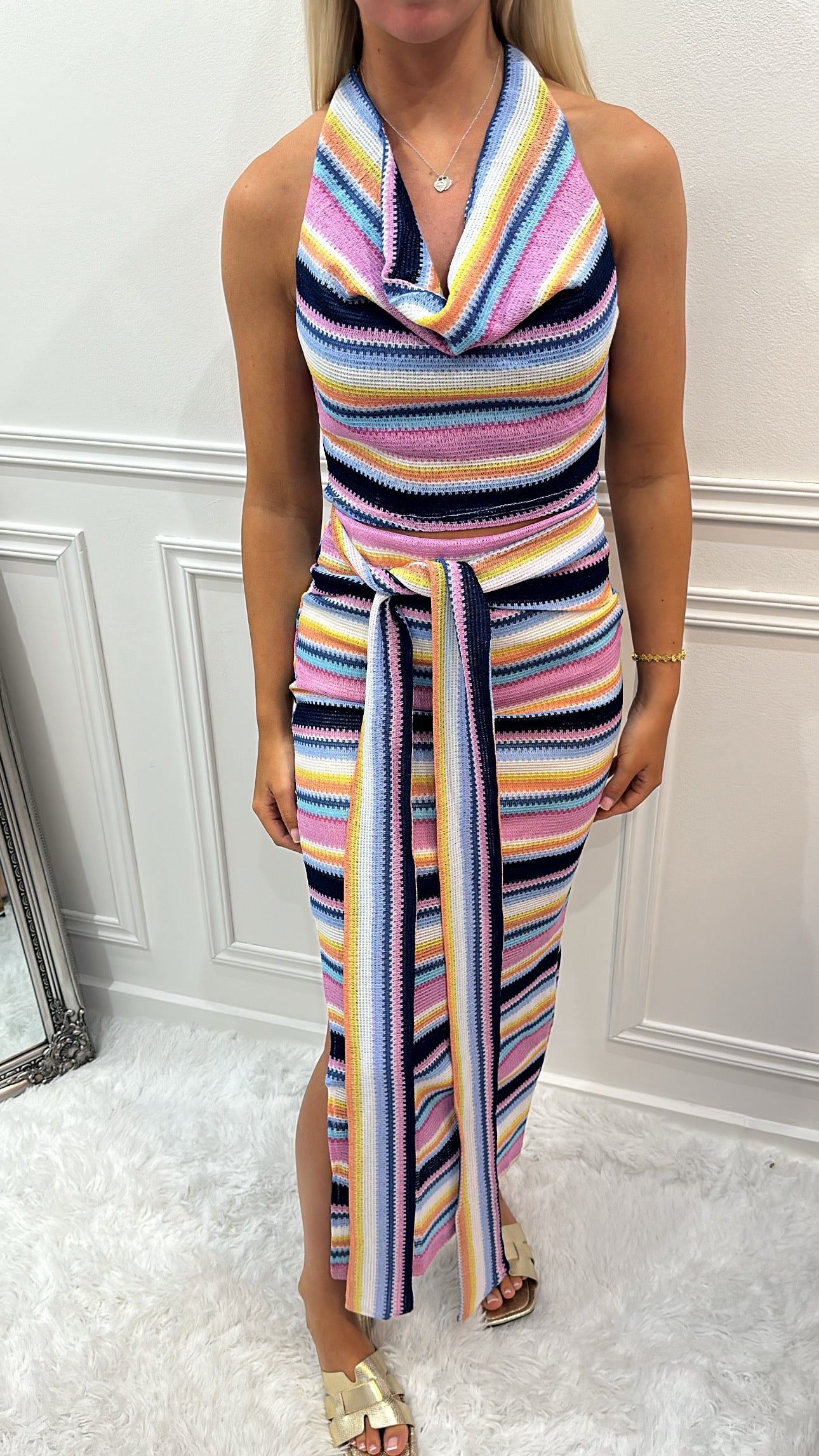 Pink Stripe Cowl Neck Top & Maxi Skirt Set