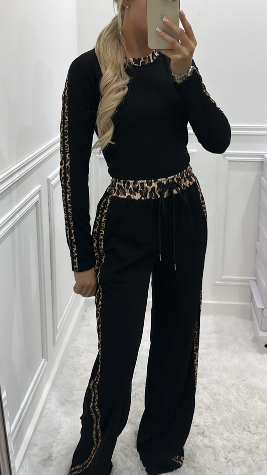 Black & Leopard Contrast Trouser Co Ord