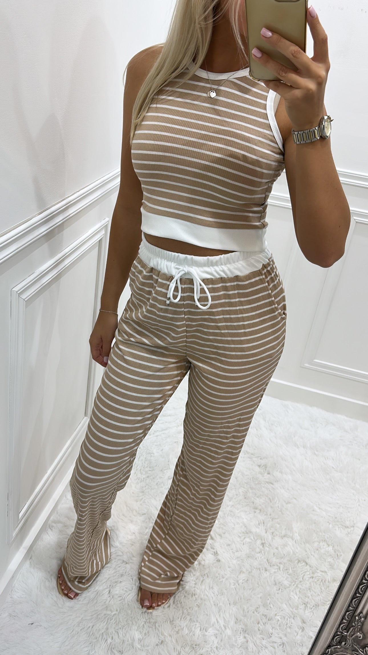 Beige Striped Trouser Lounge Set