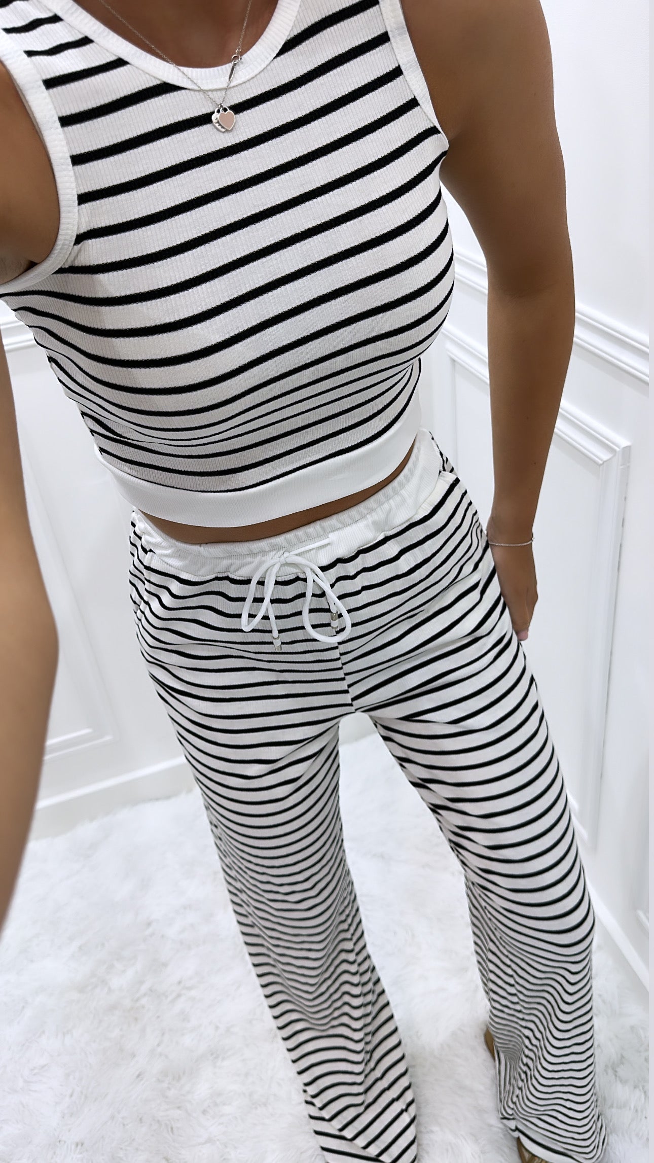 White Striped Trouser Lounge Set