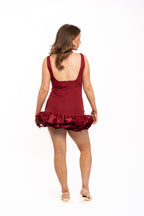 Backless Puff Hem Dress Burgundy