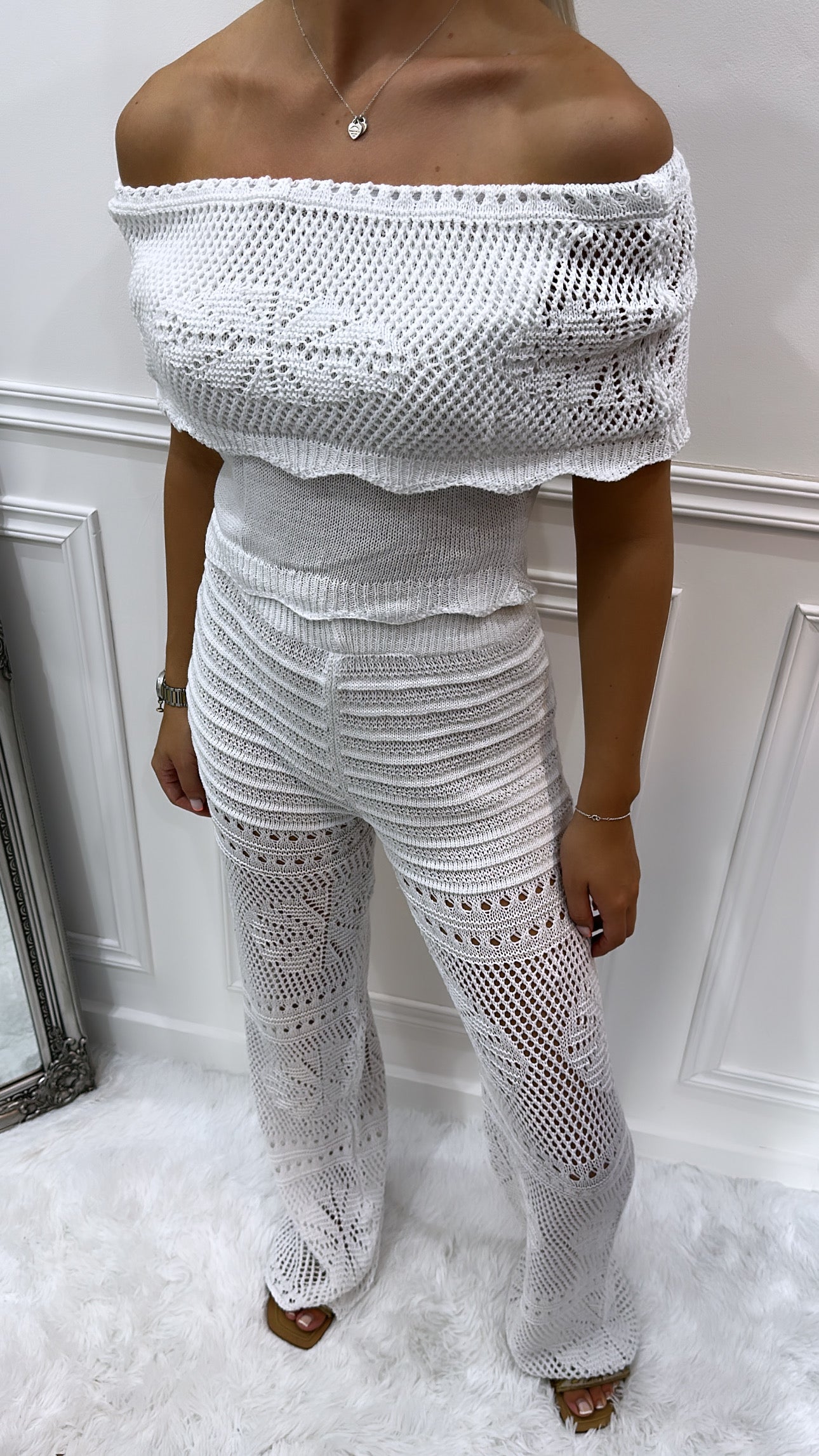 White Crochet Trouser Set