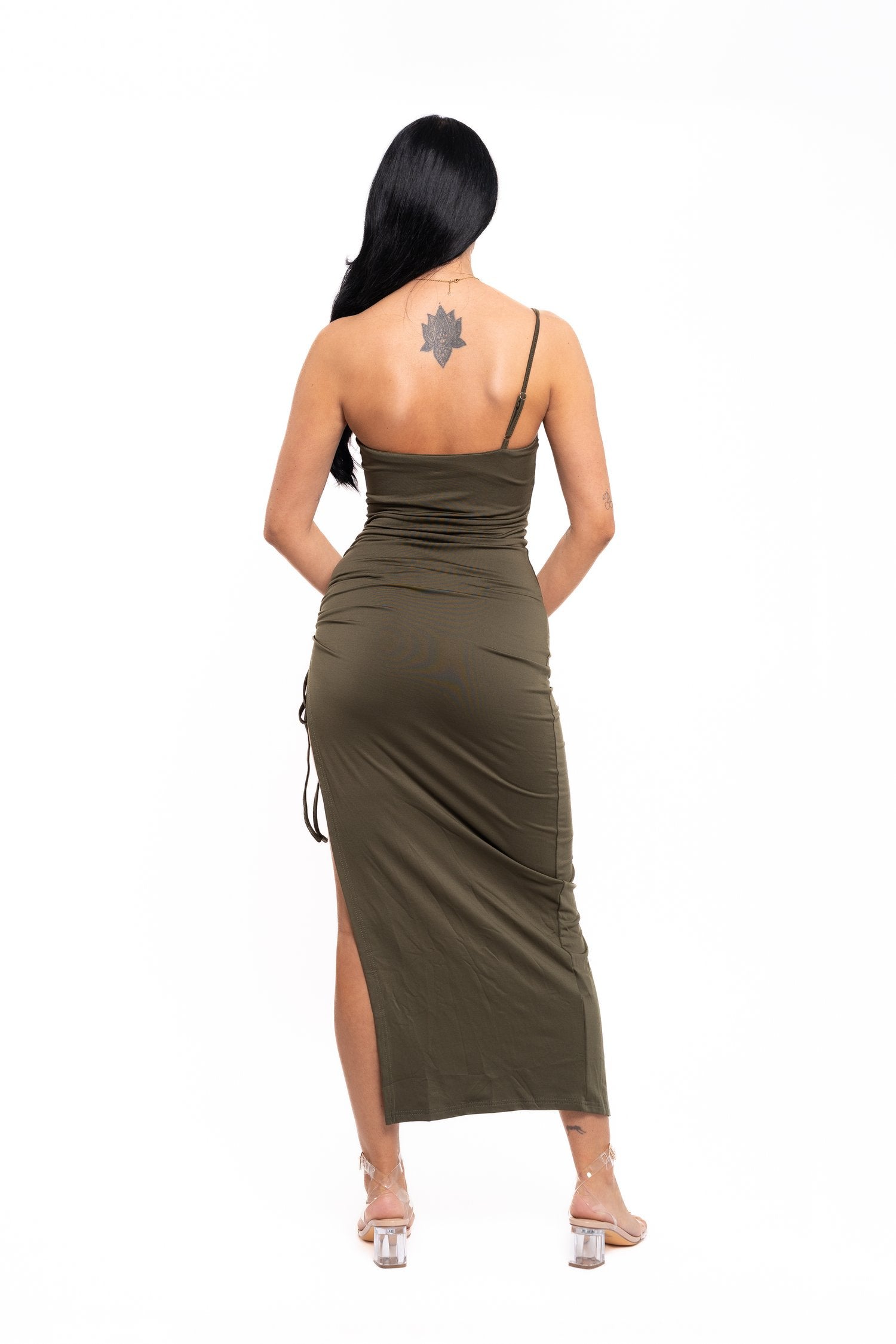 Khaki Ruched Side Split Maxi Dress