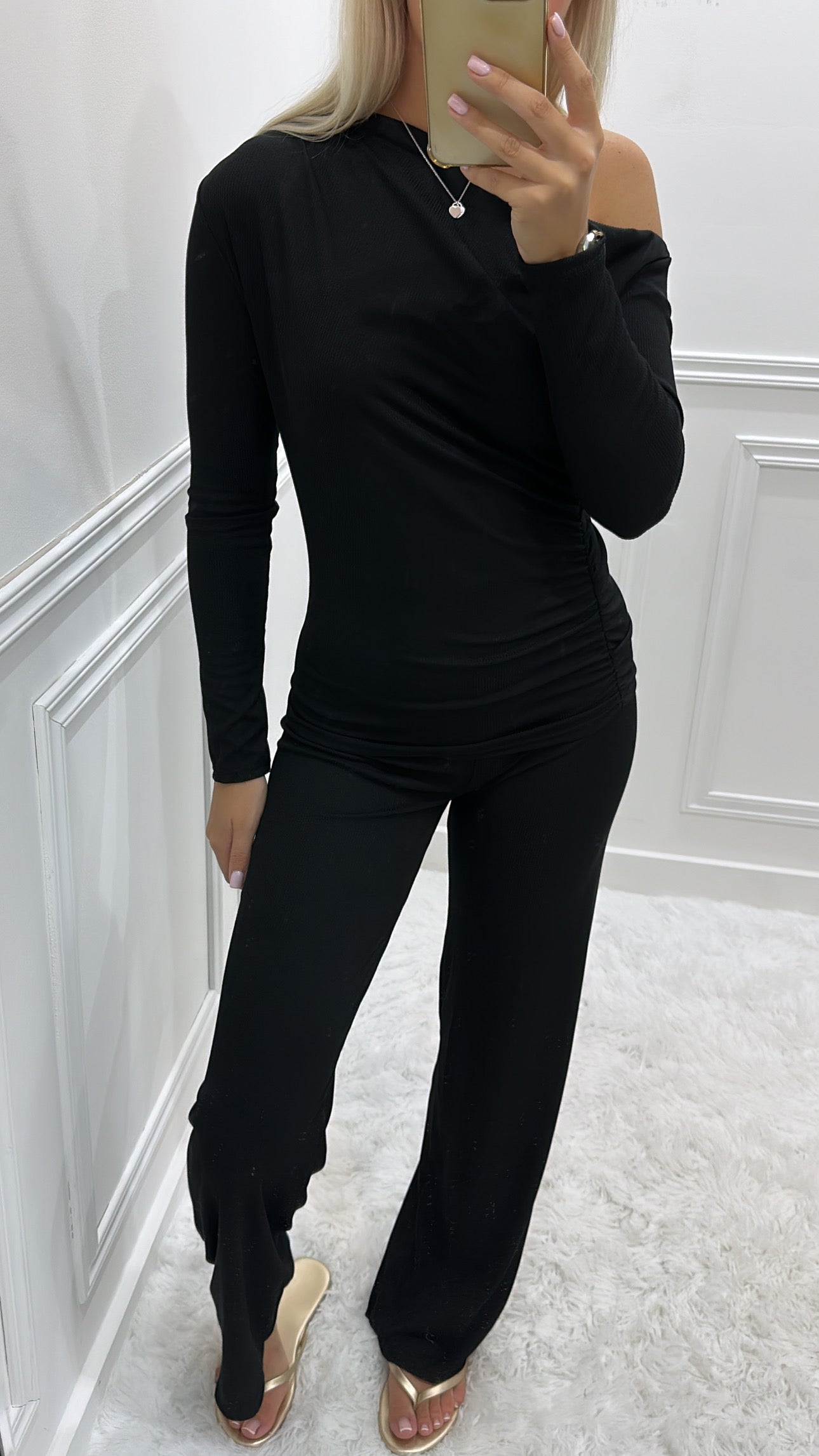 Black Ribbed Off The Shoulder Co Ord