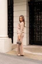 Gold Button Cardigan Set Beige