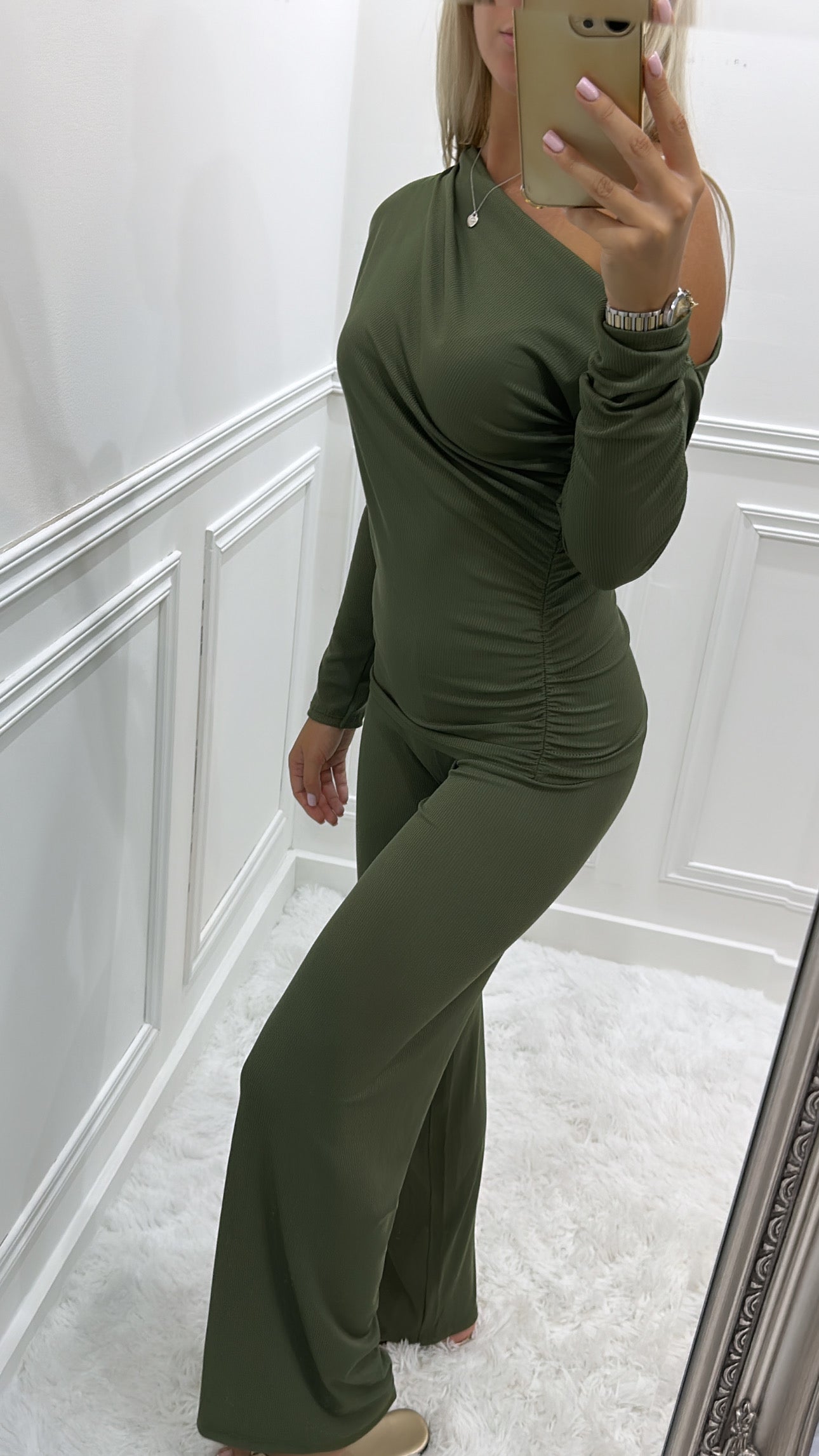 Khaki Ribbed Off The Shoulder Co Ord