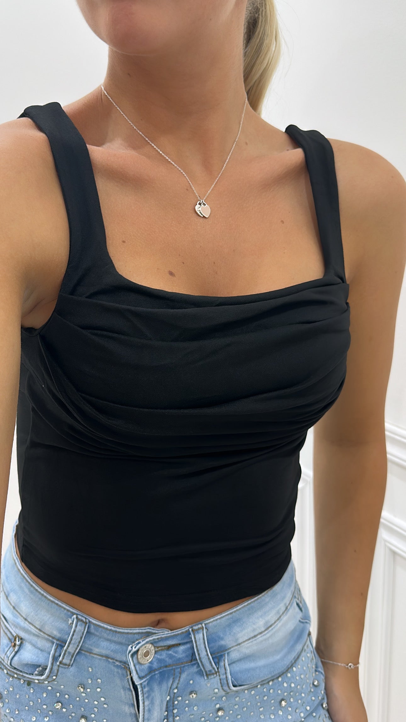 Black Ruched Square Neck Top