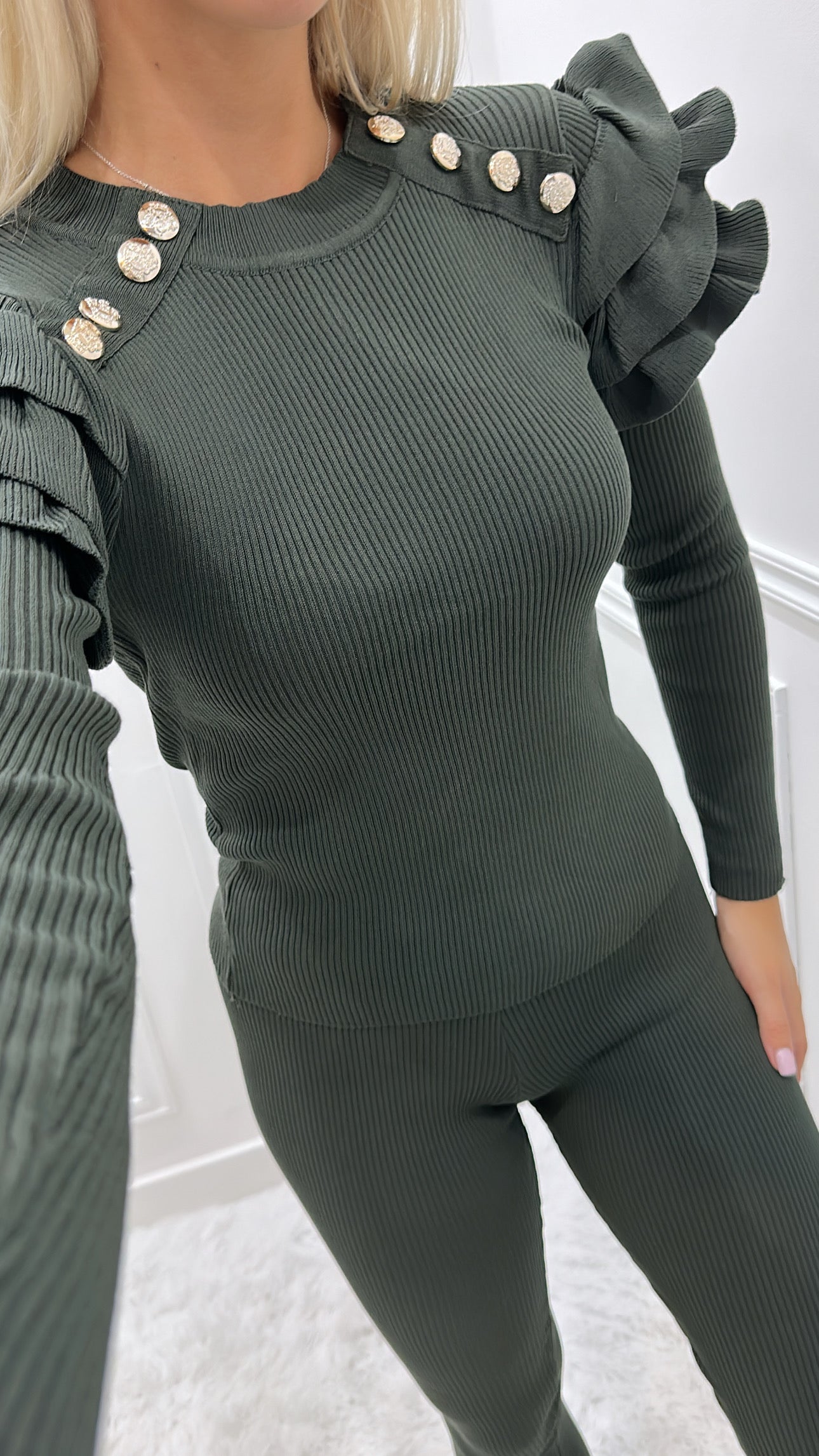 Khaki Longsleeve Frill Shoulder Co Ord