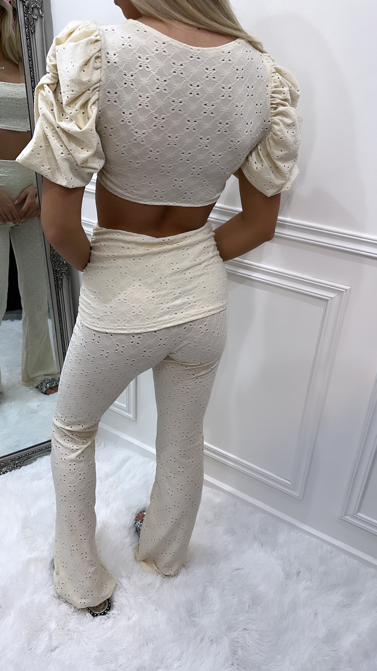 Beige Cropped Embroidered Set
