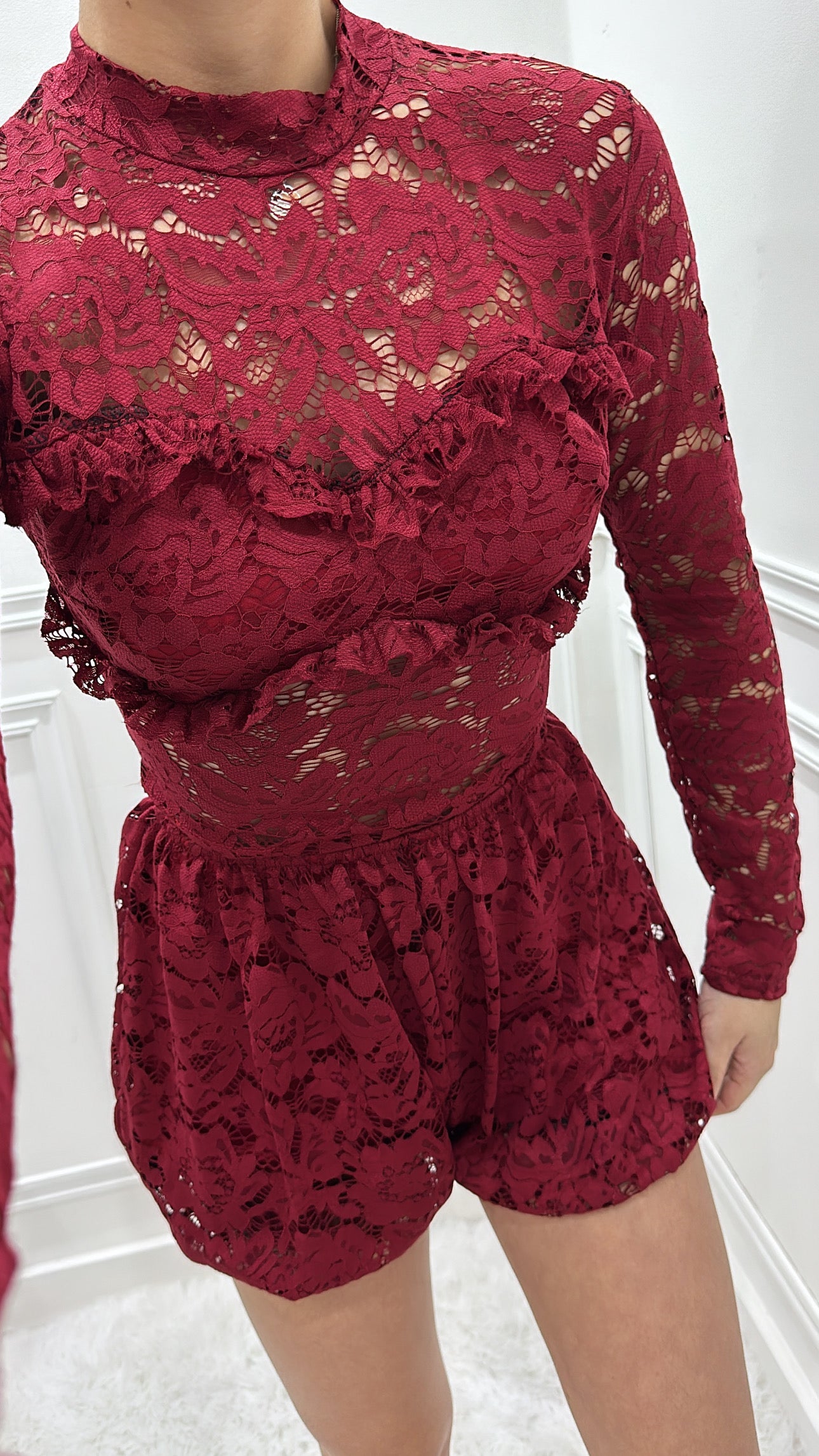 Burgundy Lace Shorts Co Ord