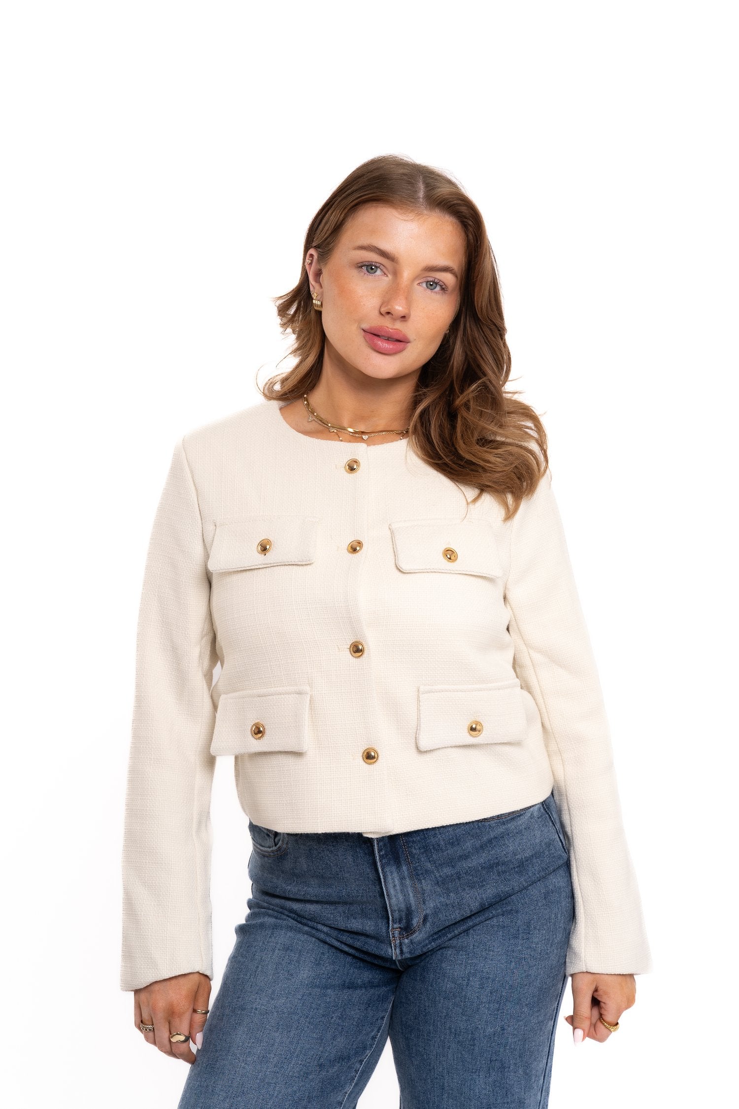 Premium Gold Button Blazer Cream