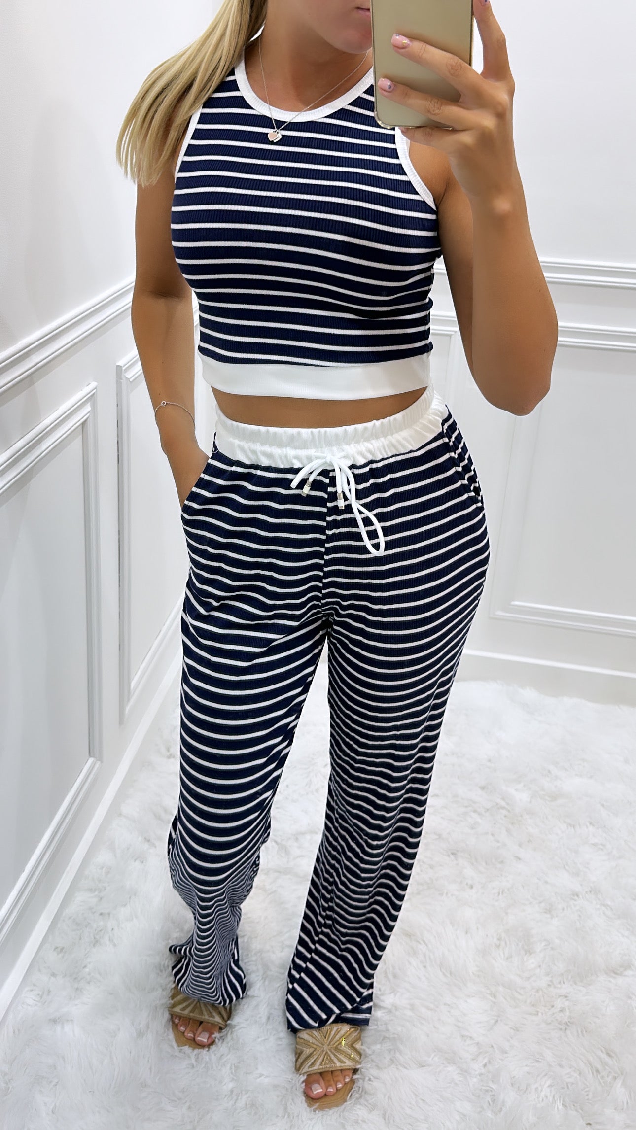 Navy Striped Trouser Lounge Set