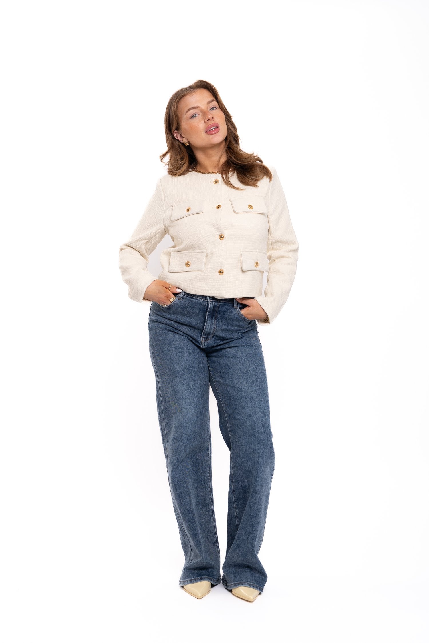 Premium Gold Button Blazer Cream