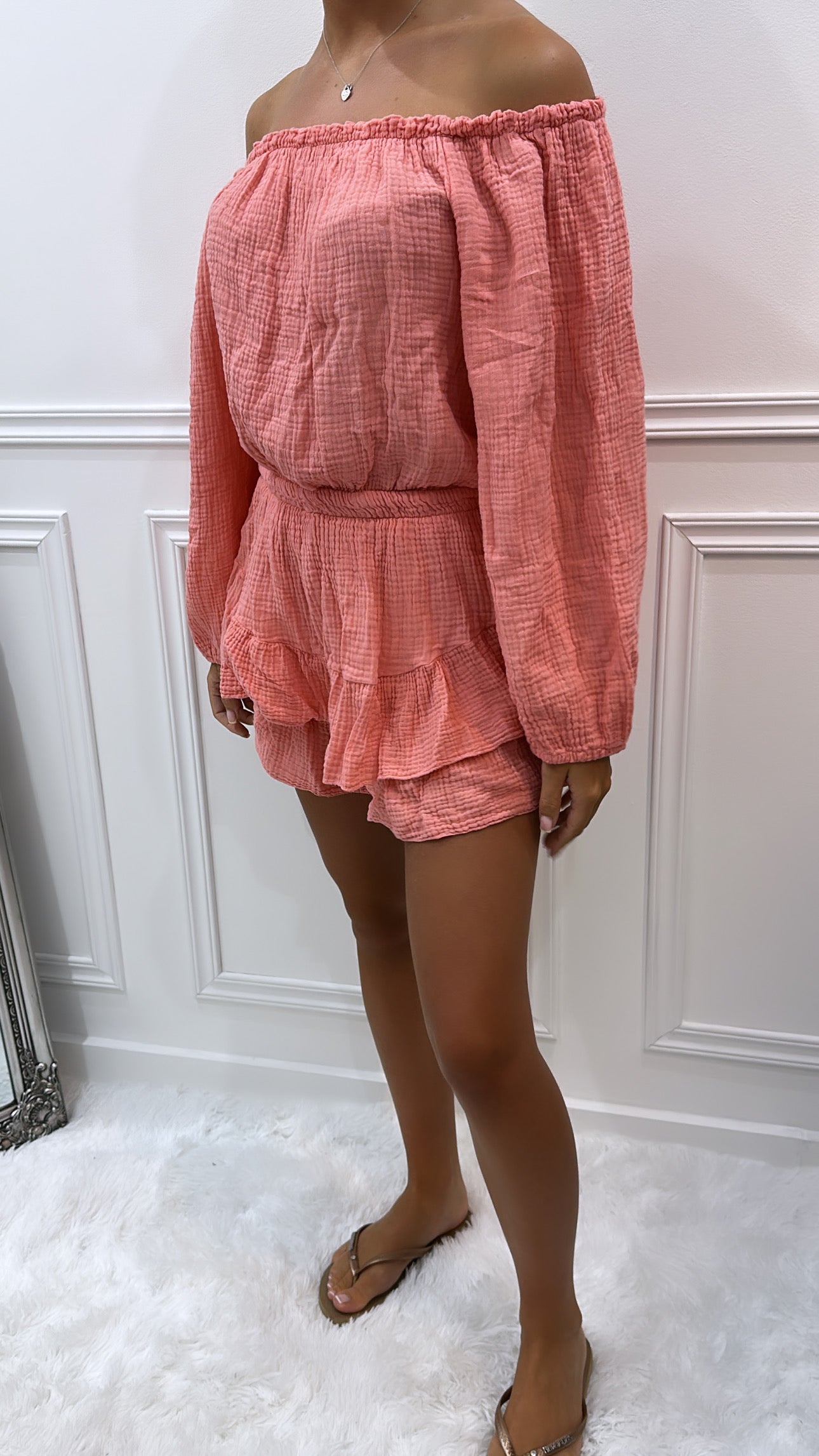 Coral Longsleeve Cheesecloth Playsuit