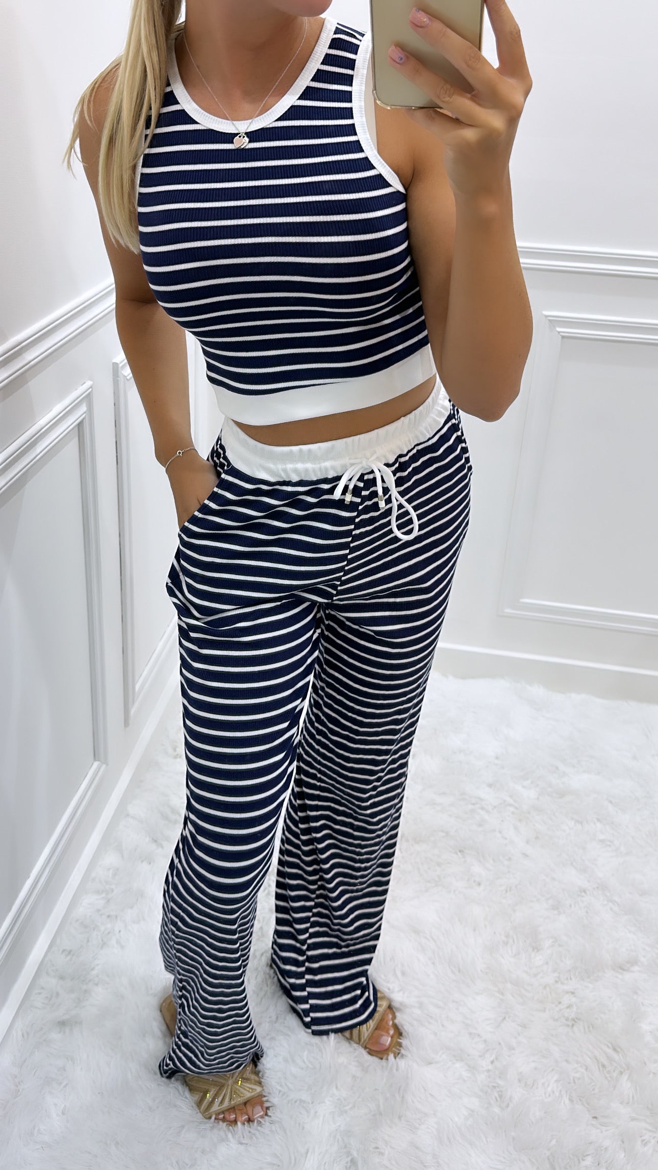 Navy Striped Trouser Lounge Set