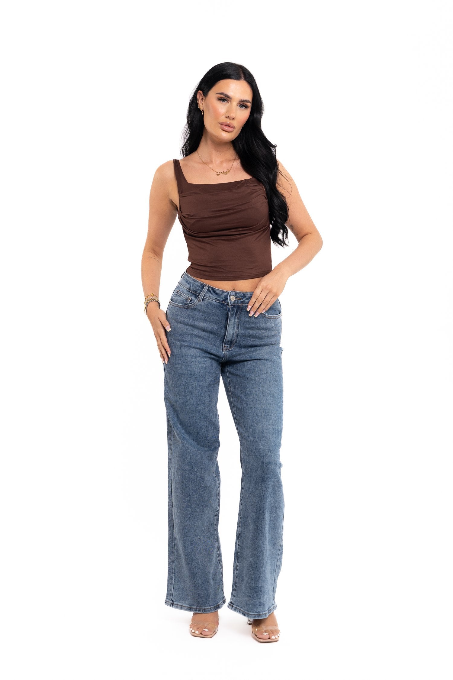 Brown Ruched Square Neck Top