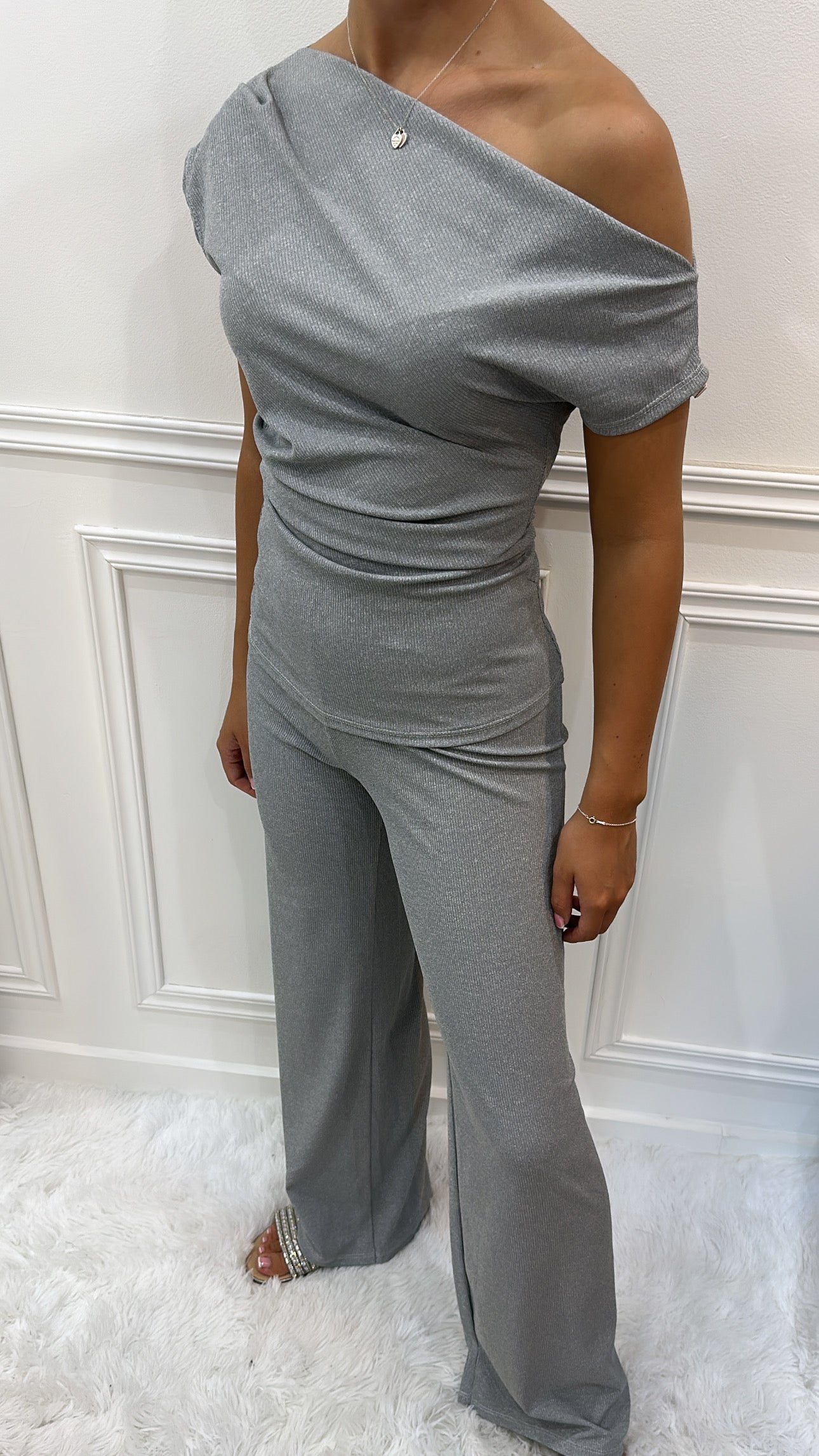 Grey Ribbed Asymmetric Lounge Set