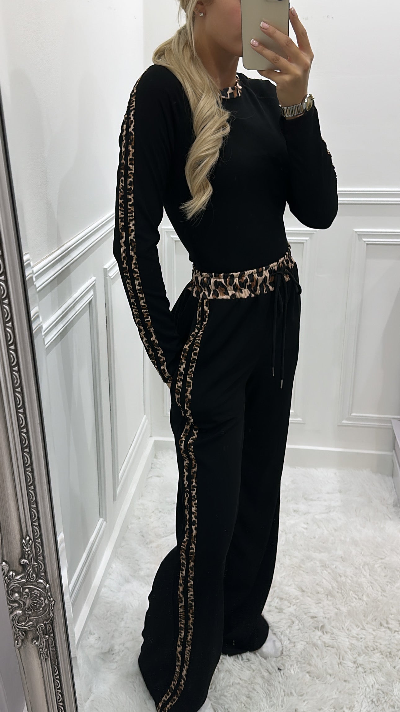 Black & Leopard Contrast Trouser Co Ord