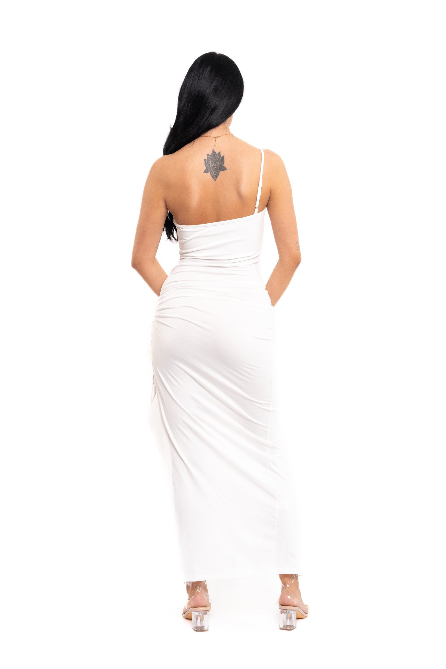 White Ruched Side Split Maxi Dress
