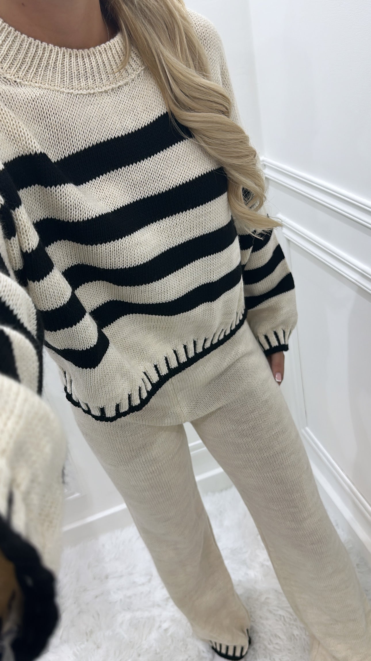 Cream & Black & Knit Trouser Set